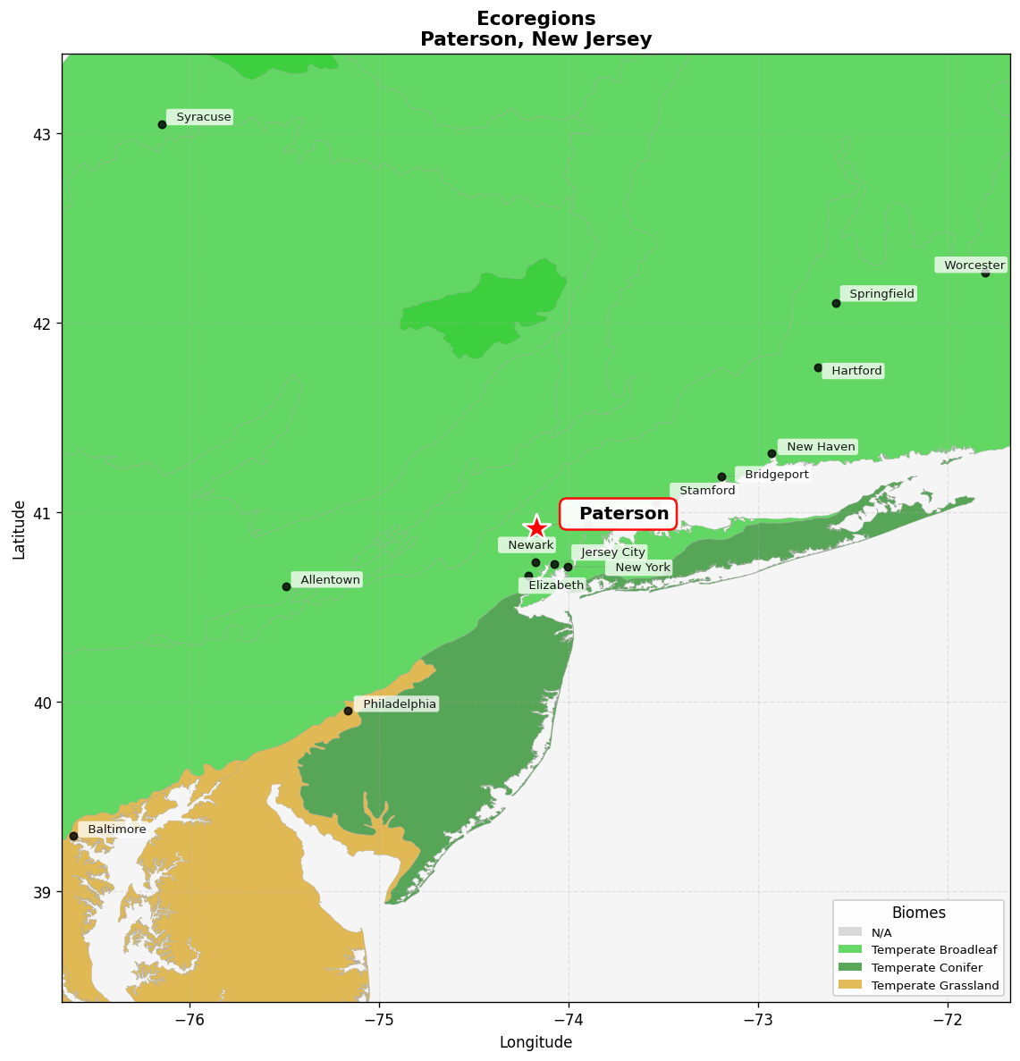 Northeast US Coastal forests Ecoregion Map for Paterson, NJ